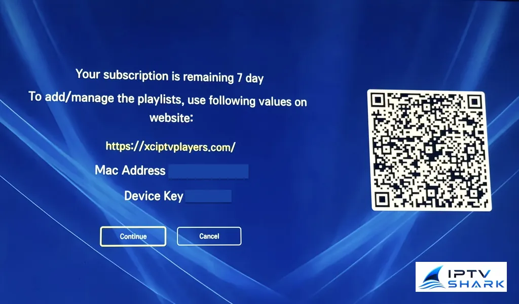Écran XCIPTV affichant la MAC Address et la Device Key sur Smart TV LG