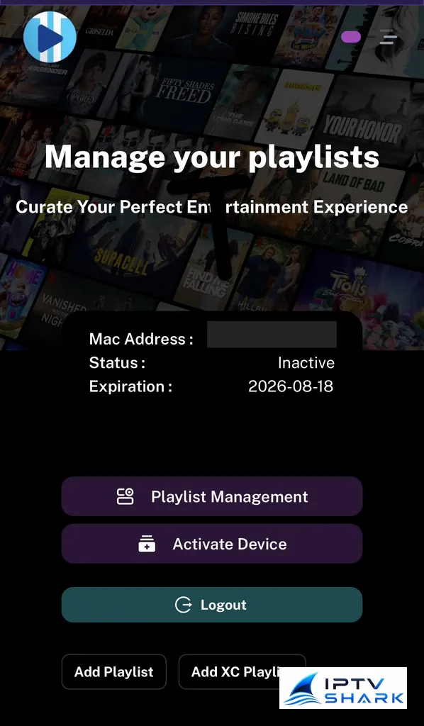 Portail de gestion XCIPTV avec statut du périphérique et gestion des playlists