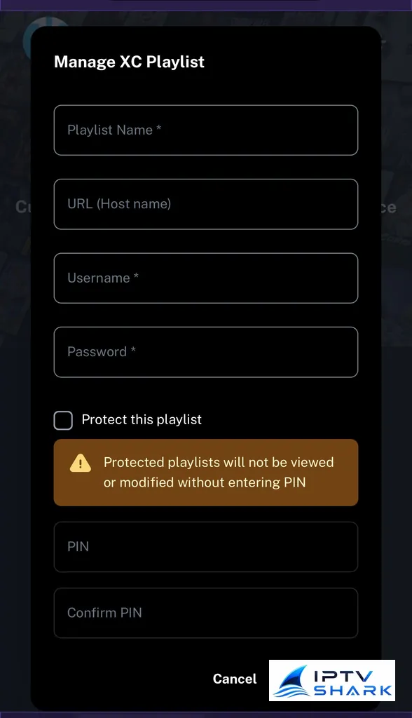 Formulaire Manage XC Playlist de XCIPTV avec URL username et password