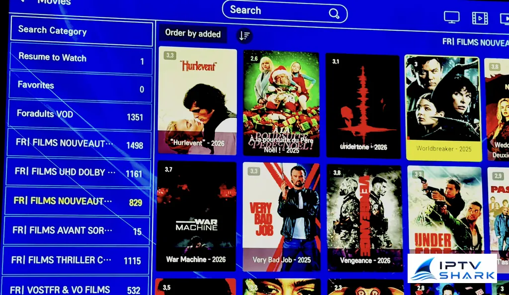 Catalogue de films chargé dans XCIPTV Player sur Smart TV