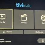Écran d'accueil de TiviMate affiché sur un téléviseur via un appareil externe